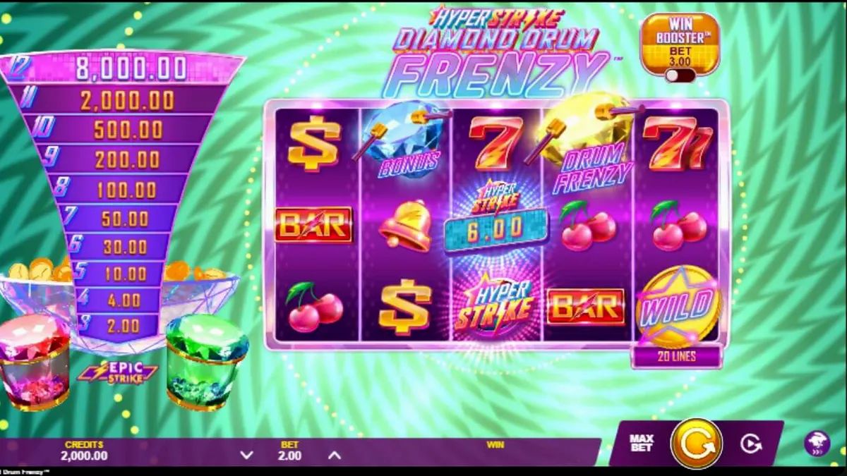 Tampilan visual slot Hyper Strike Diamond Drum Frenzy dengan nuansa neon dan drum emas.